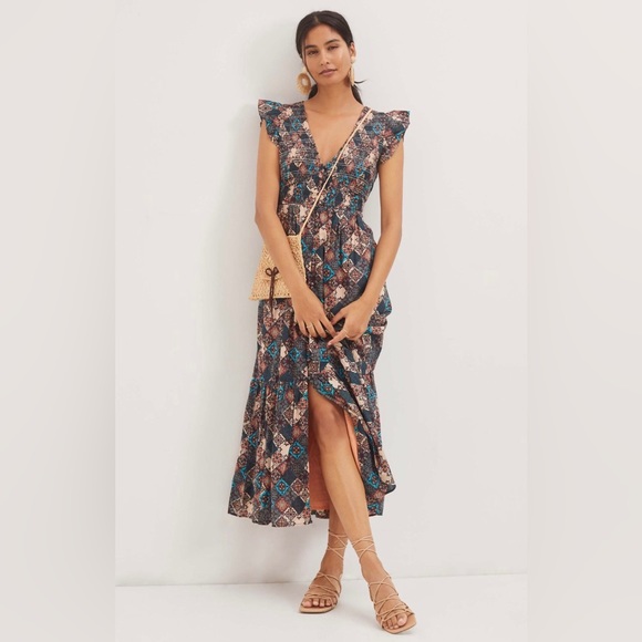 Anthropologie Dresses & Skirts - Anthropologie Blue & Brown Patterned Midi Dress
